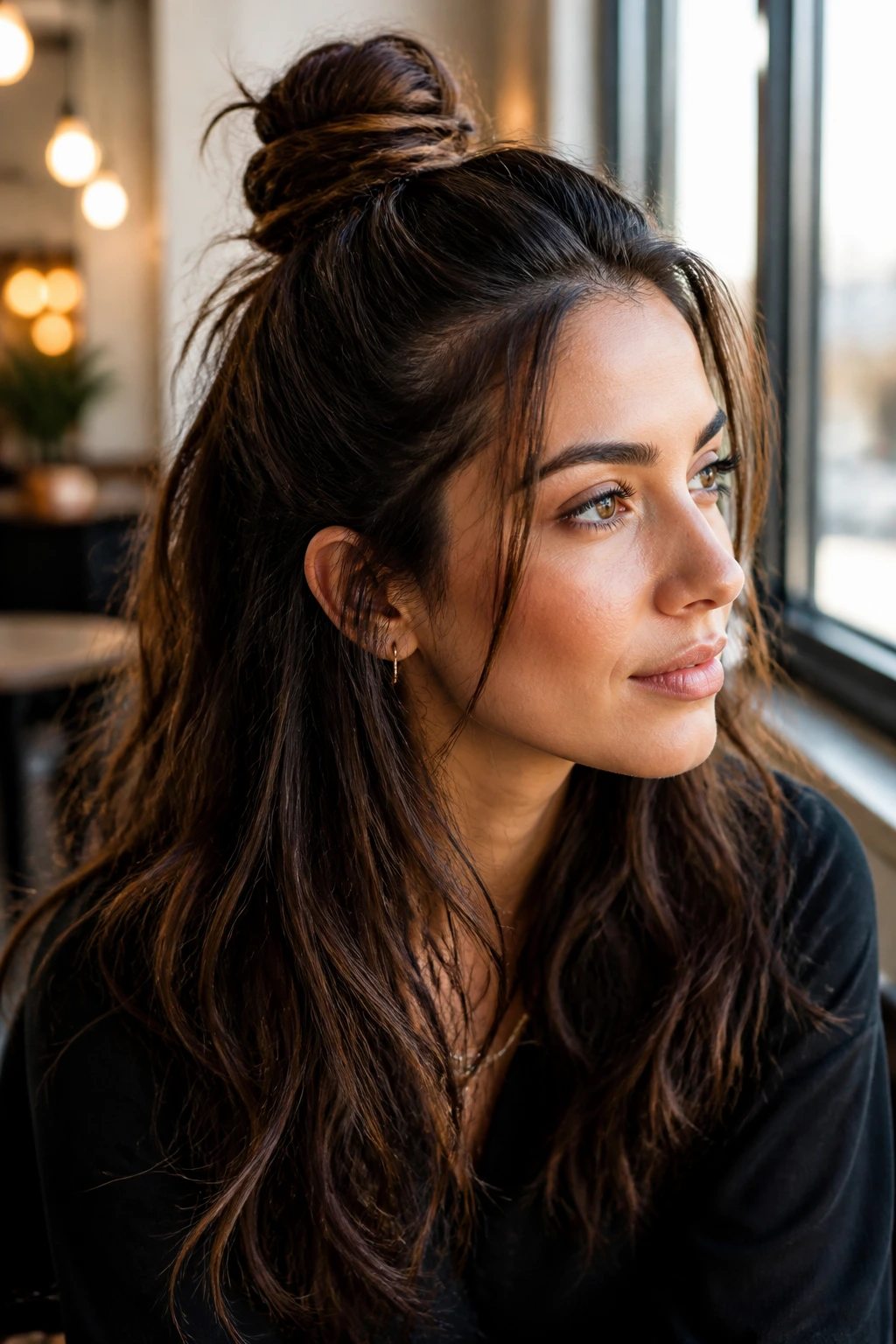 Close-up of a real person with a half-up top knot and airy lengths