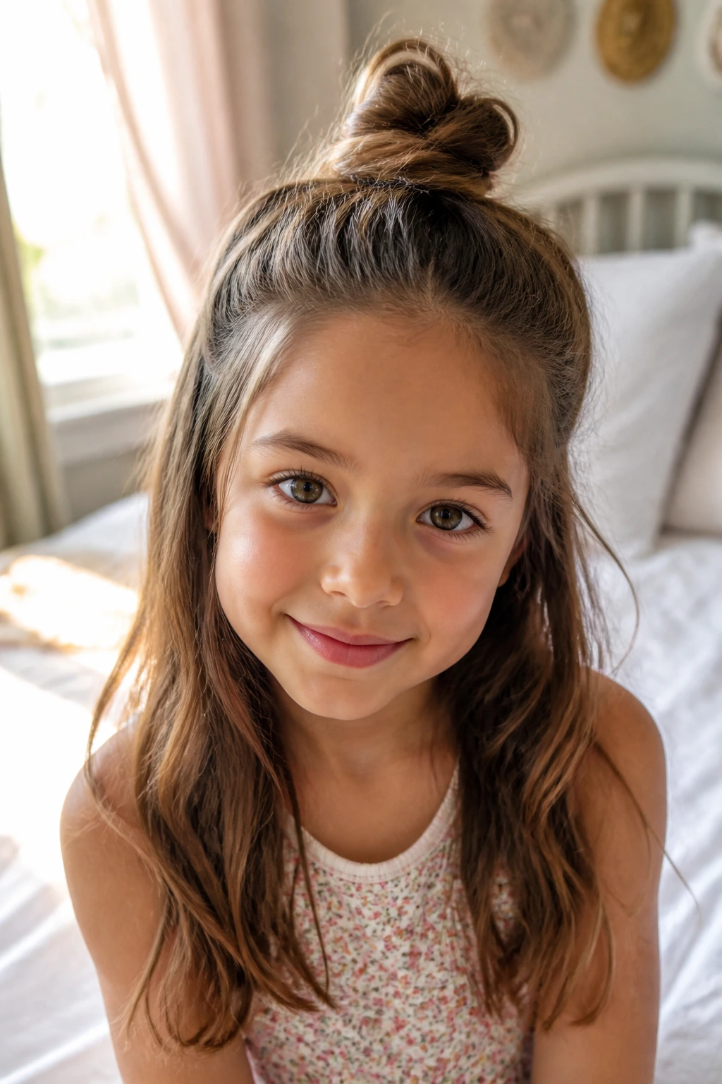 Close-up of a young girl wearing a half-up top knot in a sunlit bedroom