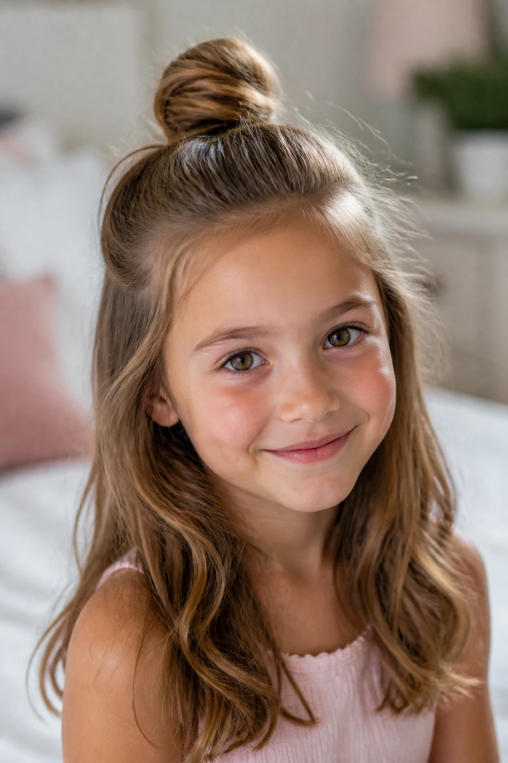 Close-up of a child with a half-up top knot on the crown
