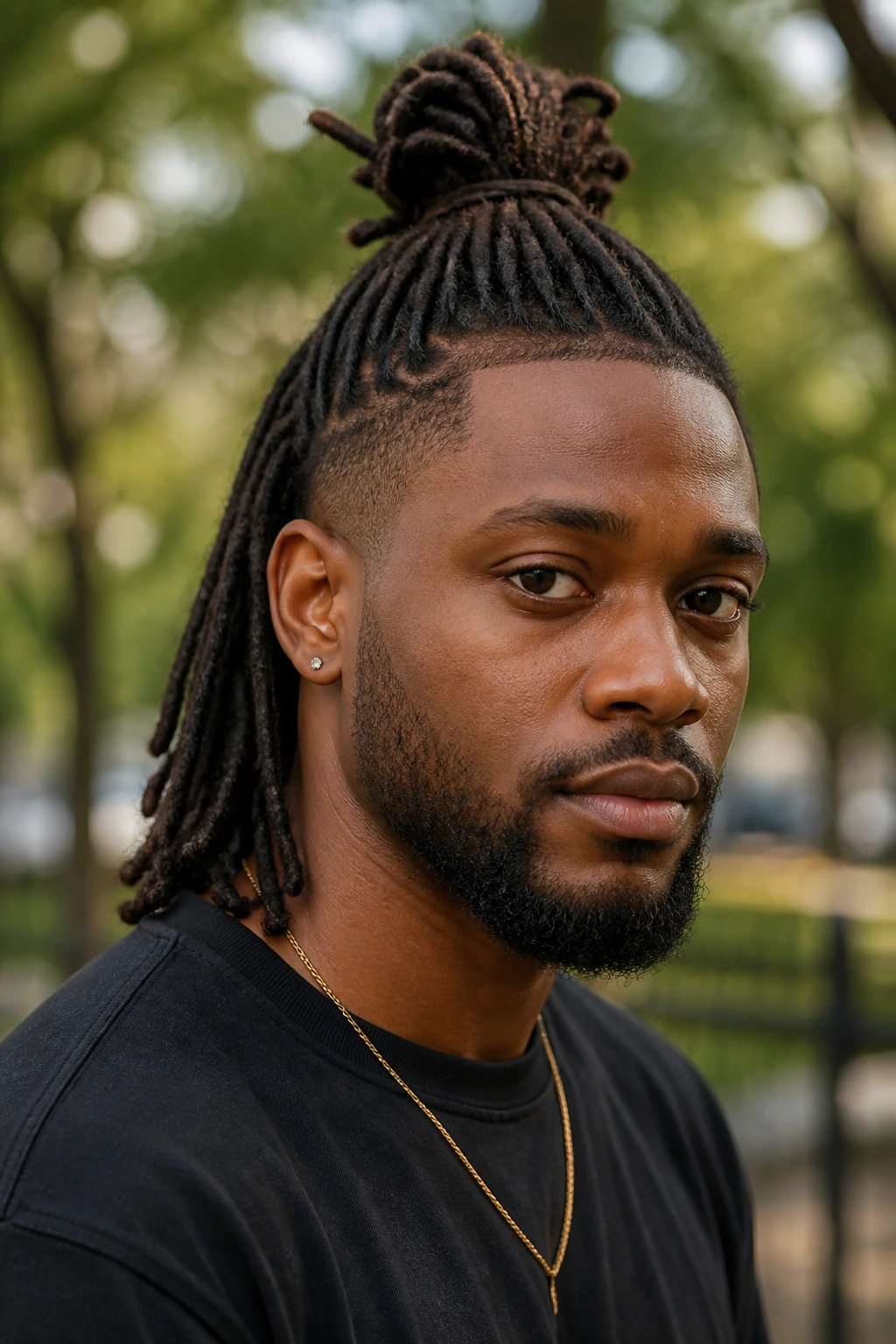 Man with half-up top knot locs in an outdoor setting.