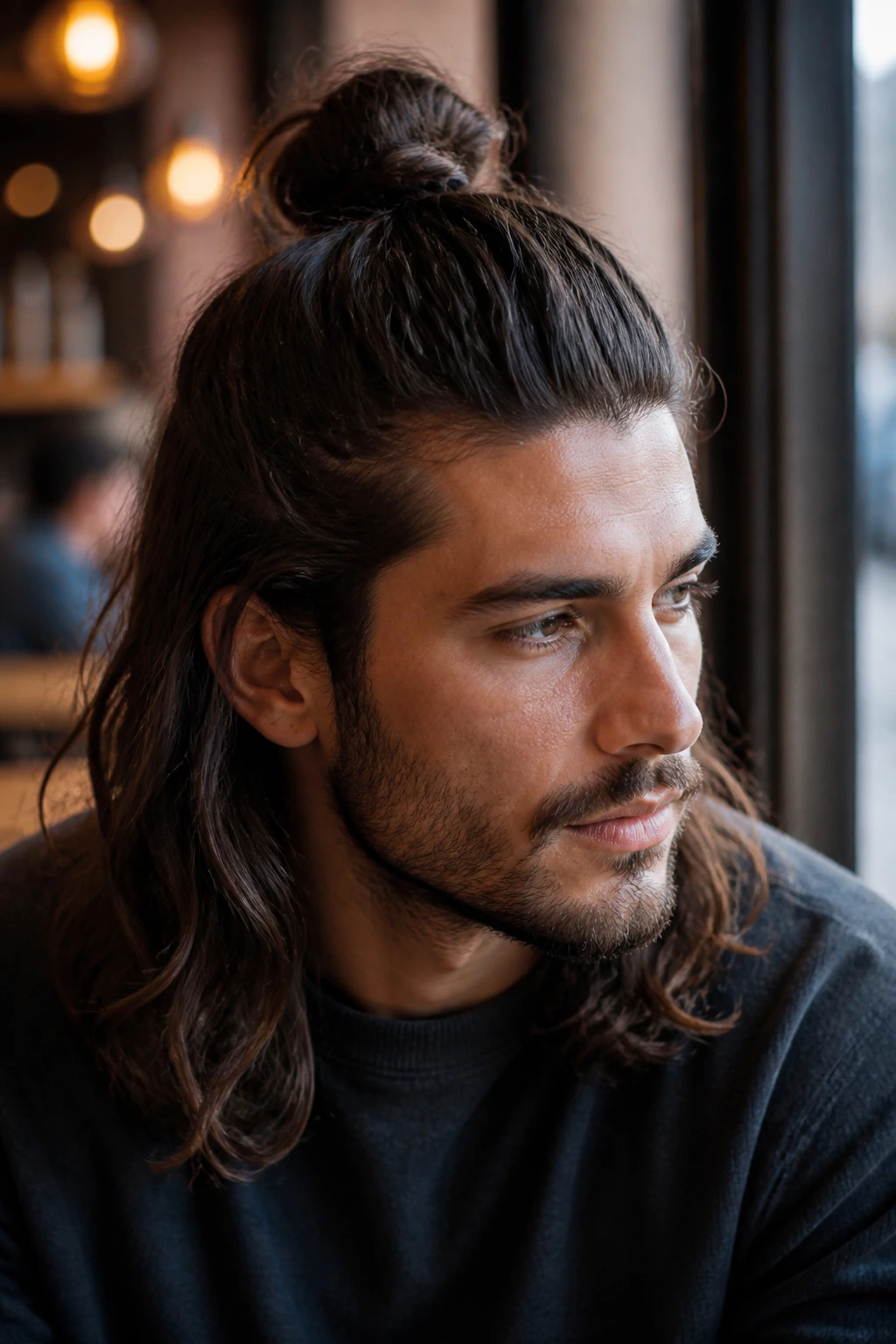 Close-up portrait of a man with a half-up top knot in warm cafe window light