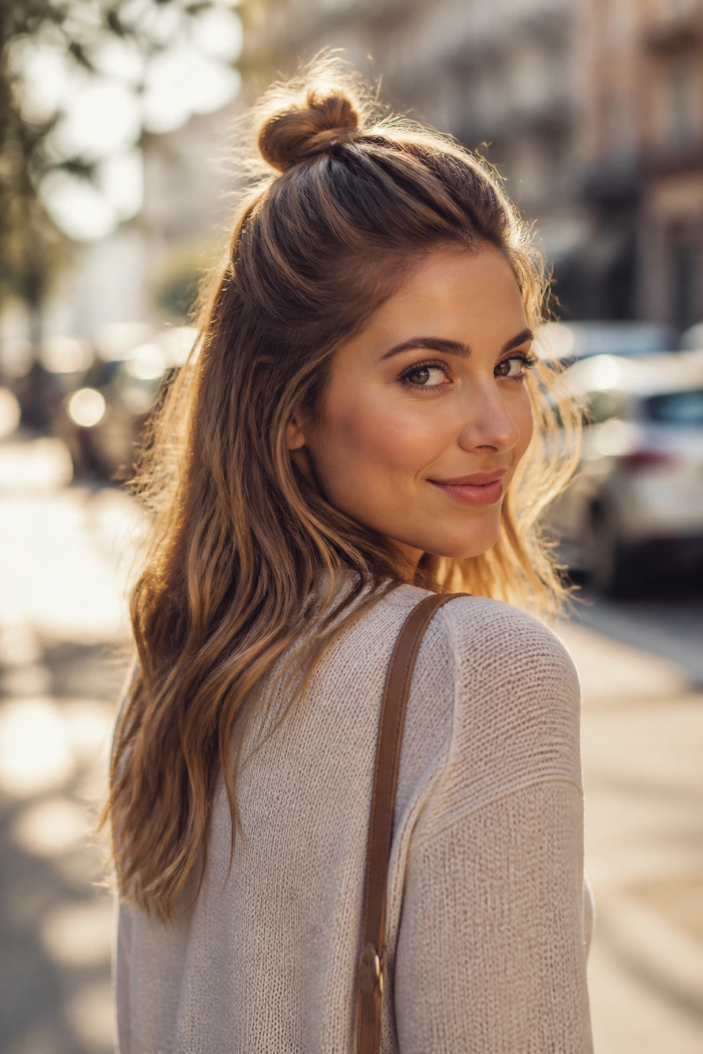 Woman with half-up top knot and loose ends in urban street at golden hour