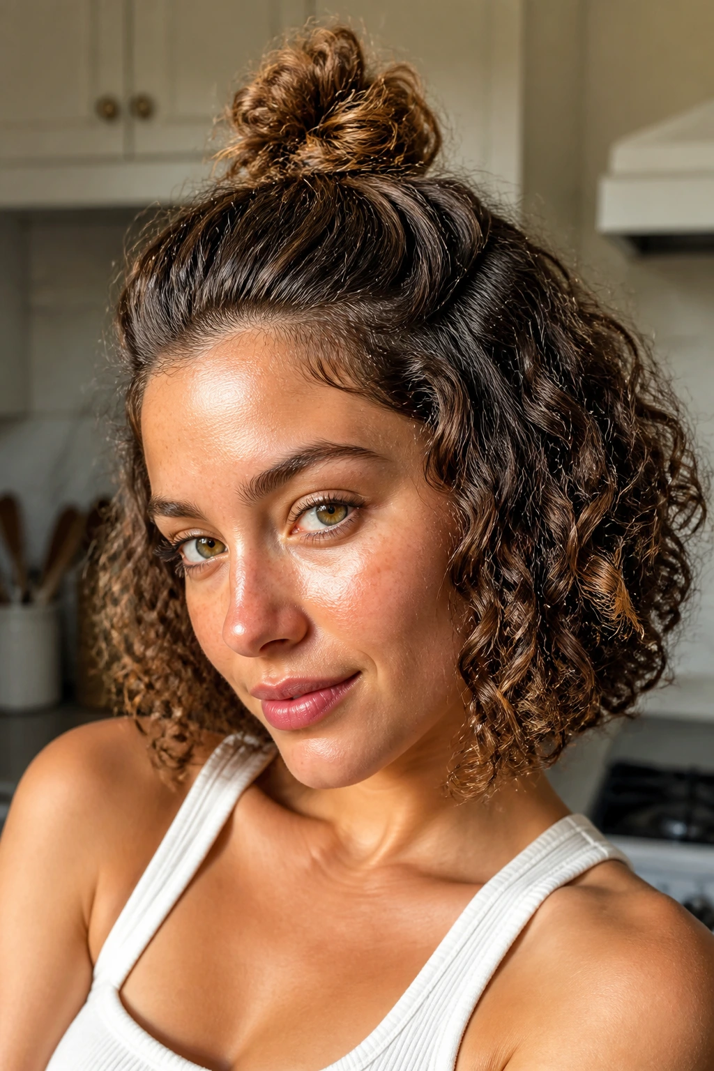 Close-up of a real person with a half-up mini top knot in a sunlit kitchen