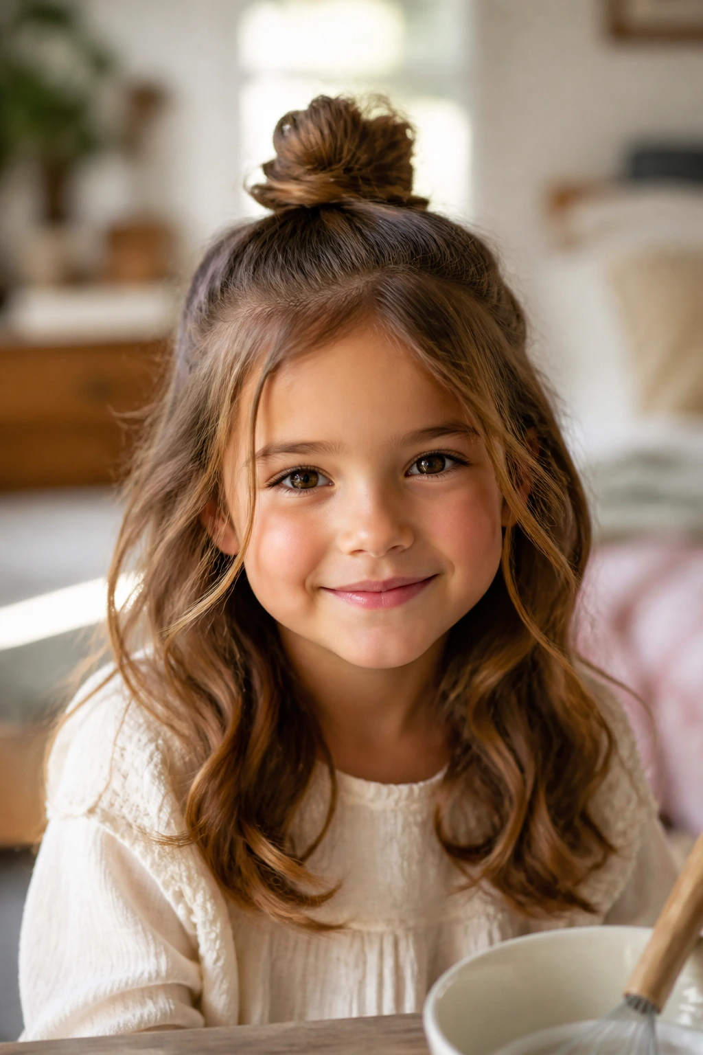 Close-up of a girl with half-up top knot and soft waves in a cozy room