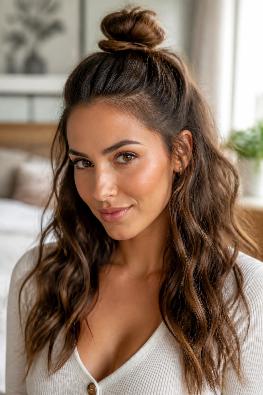 Close-up of a real woman with a half-up top knot and soft waves.