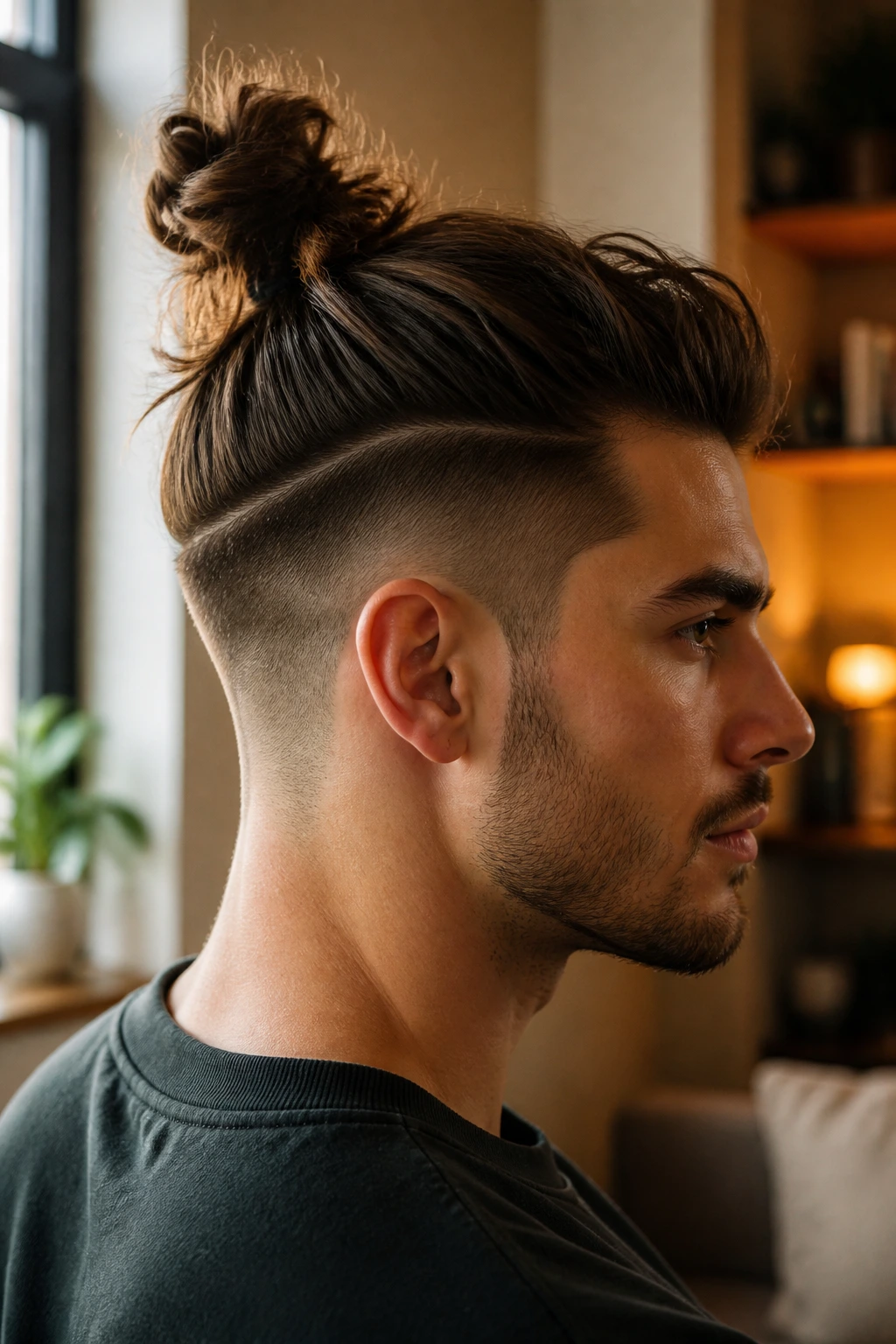 Close-up of real person with half-up topknot undercut