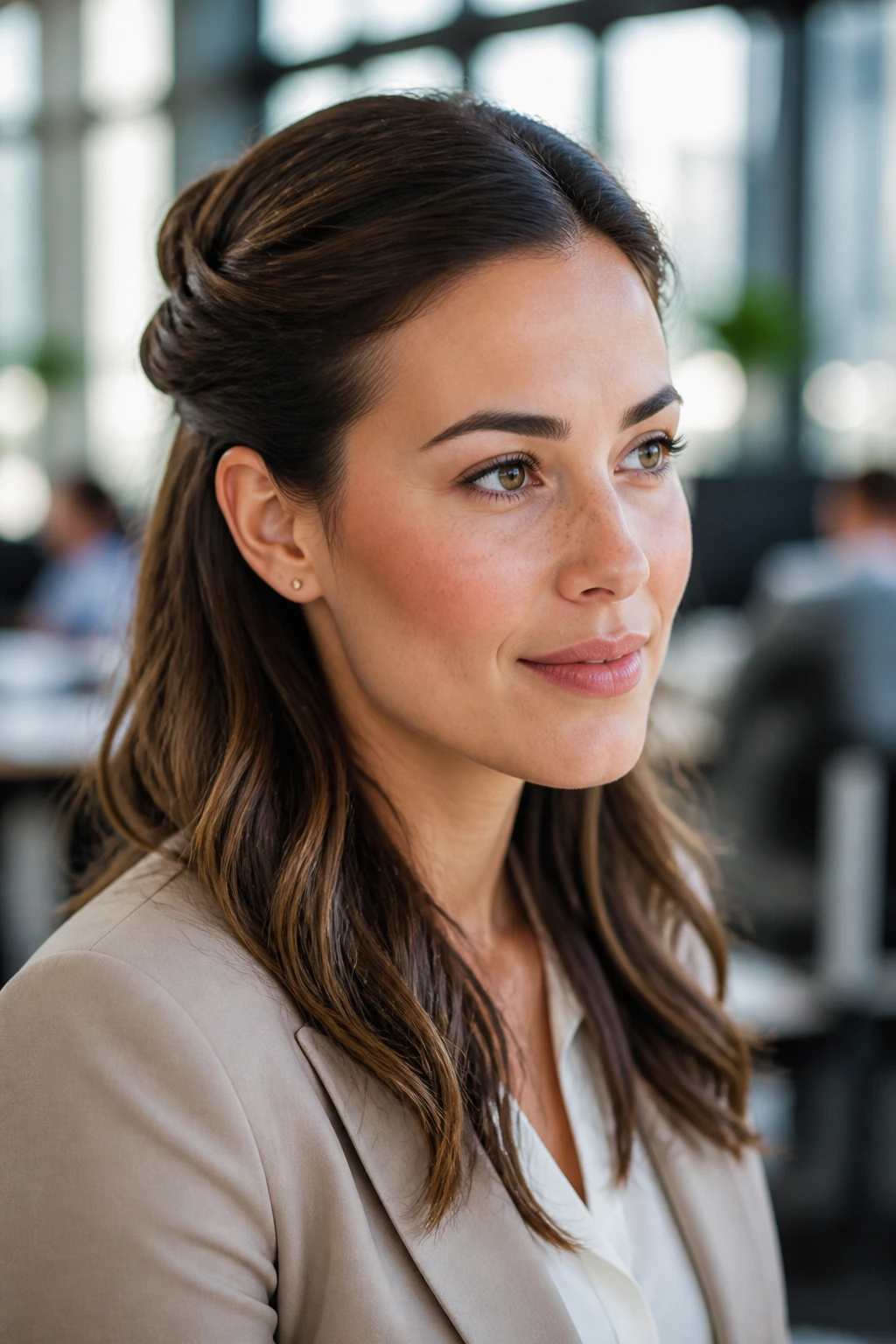 Portrait of a woman with a half-up twist in a bright workspace