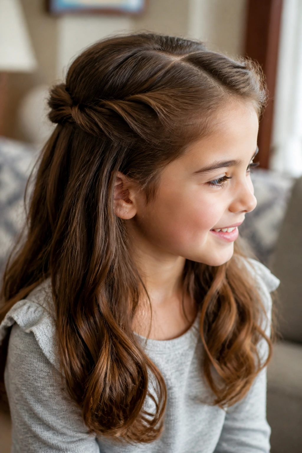 Child with half-up twists secured at the crown and loose hair around