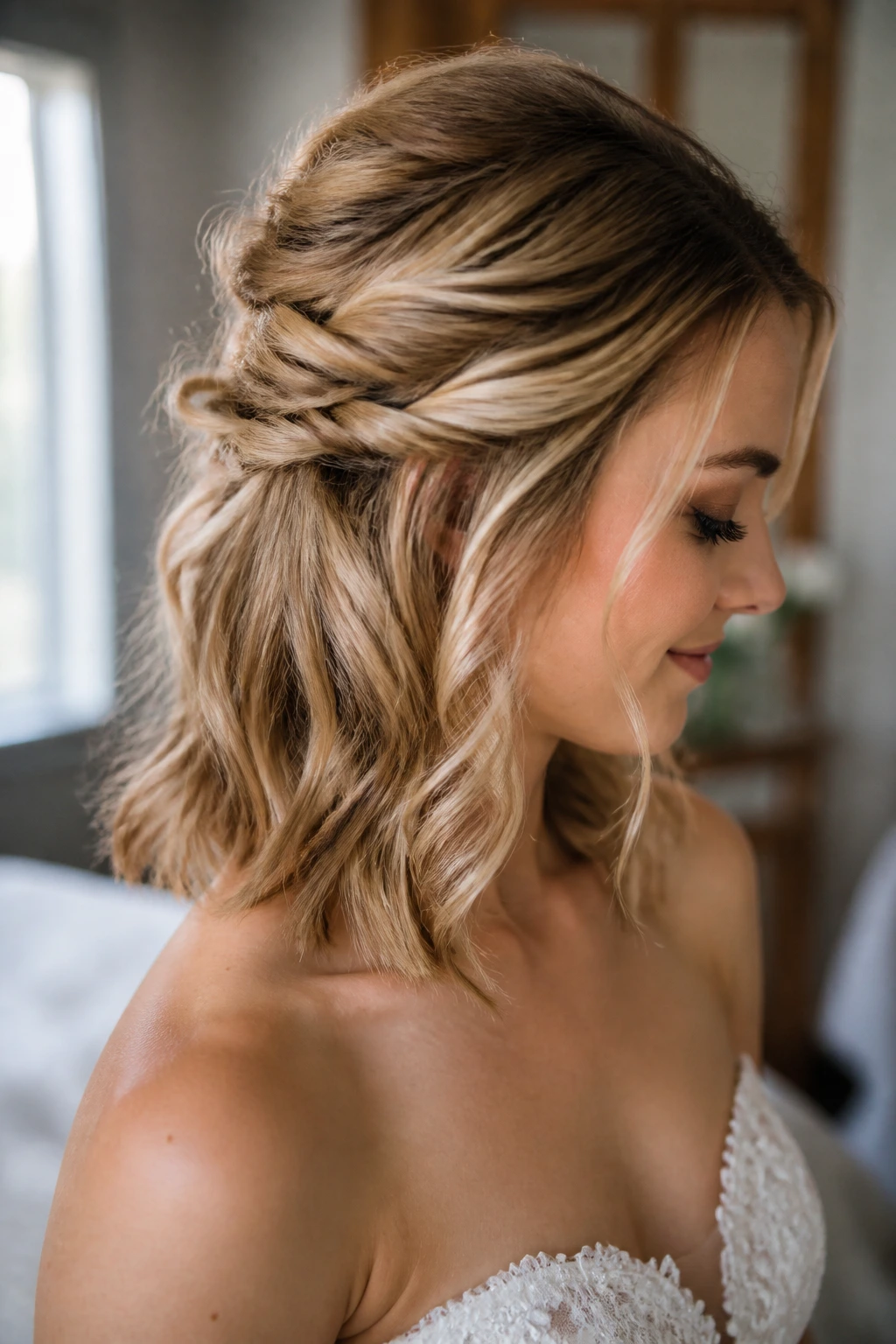 Real bride with textured half-up twist, close-up