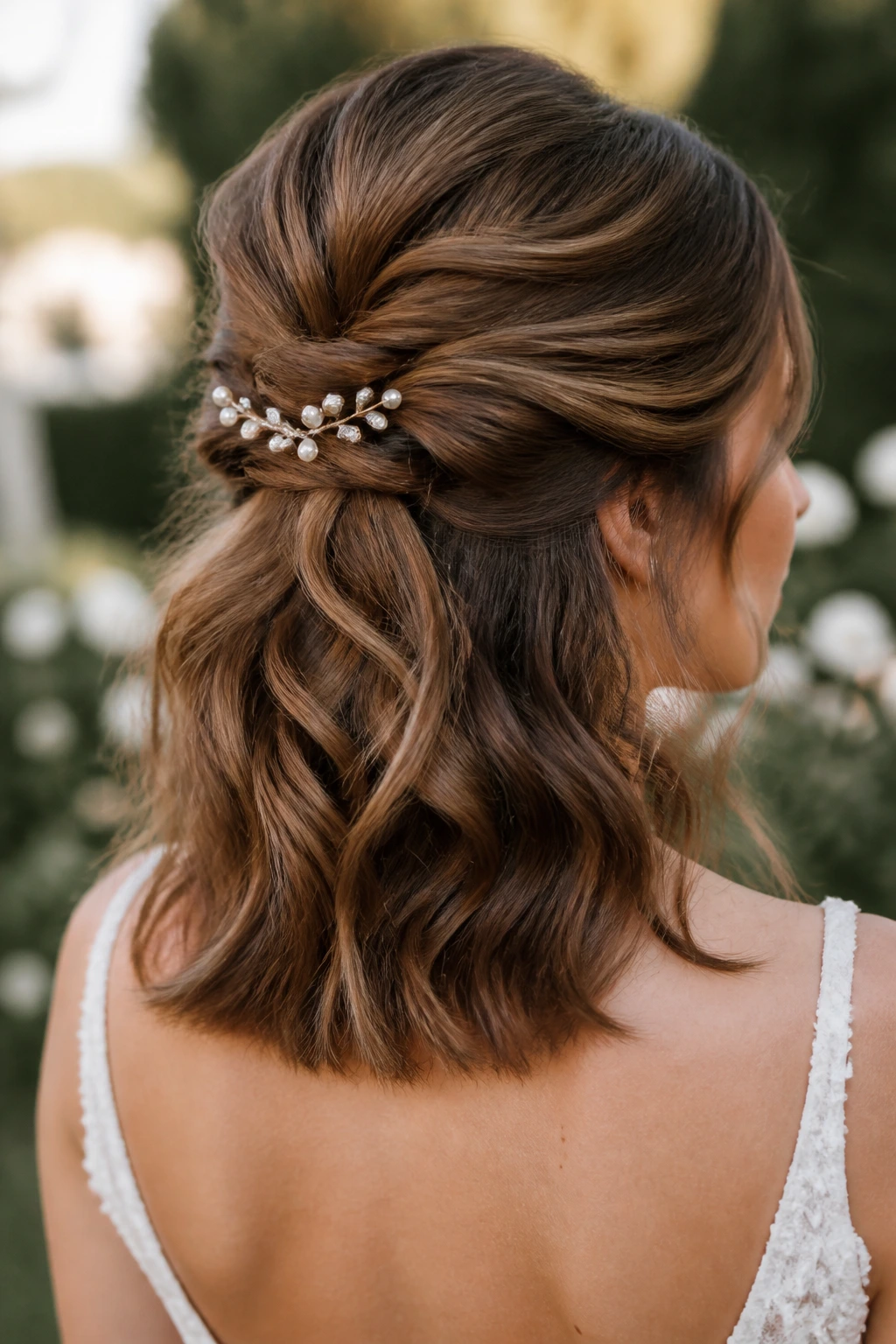 Real bride with a textured half-up twist showing lift at the crown