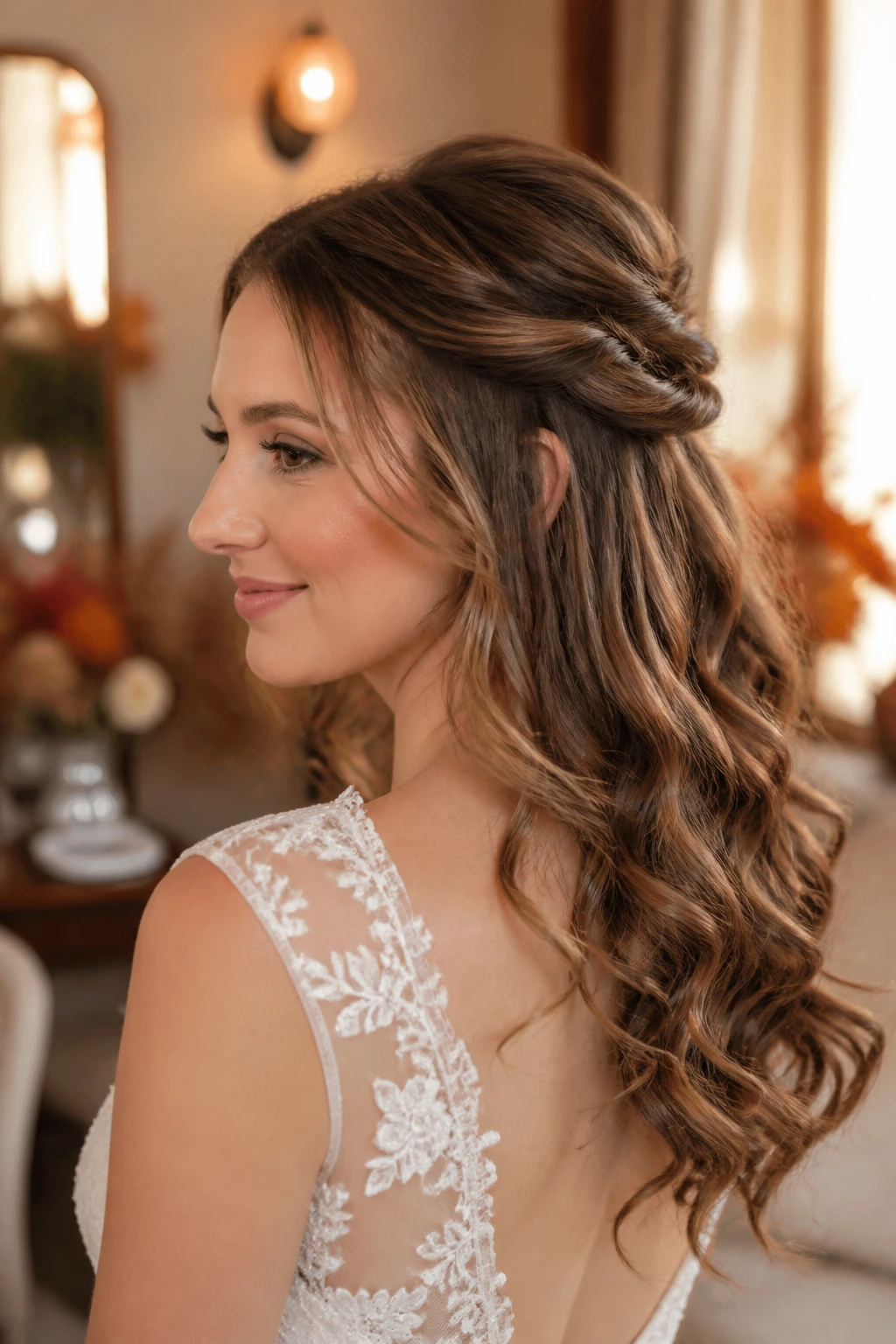 Close-up of bride with romantic half-up twist and cascading curls in autumn bridal room