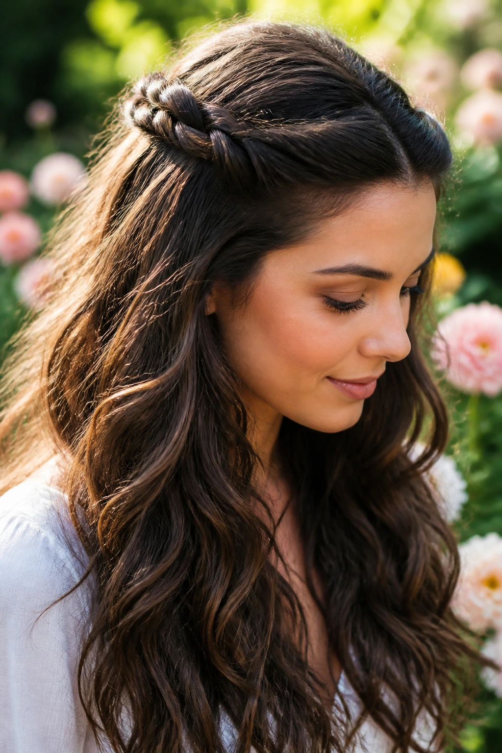 Real woman with half-up twist crown hairstyle in garden light
