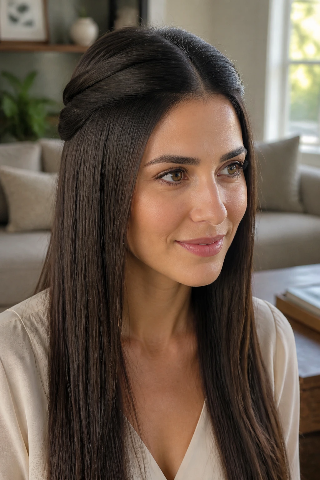 Close-up of a real woman with a half-up twist crown hairstyle.