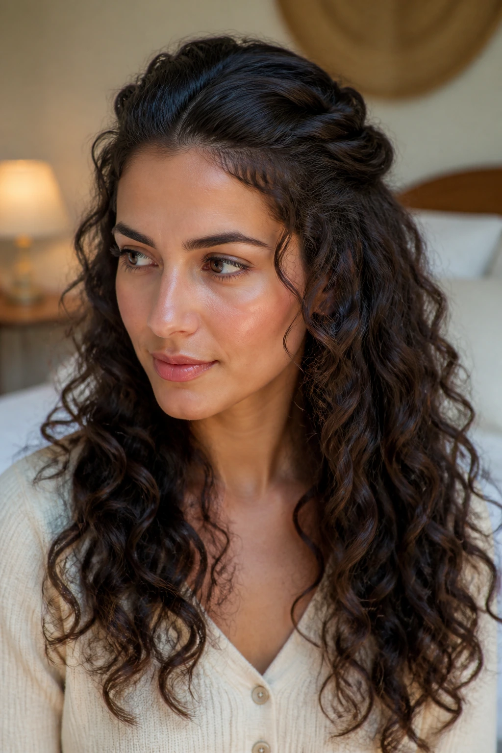 Close-up of a half-up twist crown on long curly hair