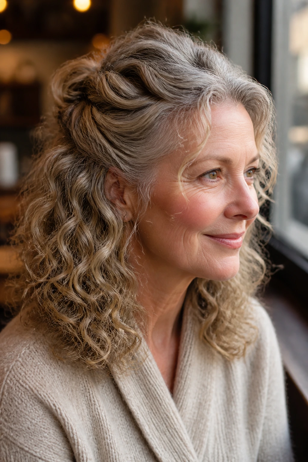 Portrait of a woman showing a half-up twist crown hairstyle with curls over shoulders.