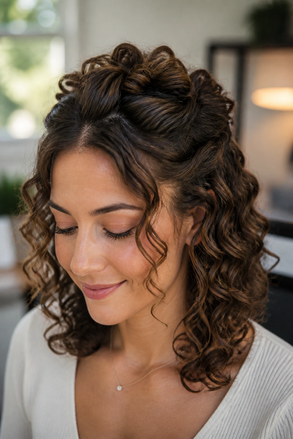 Close-up of a real person with a half-up twist crown hairstyle