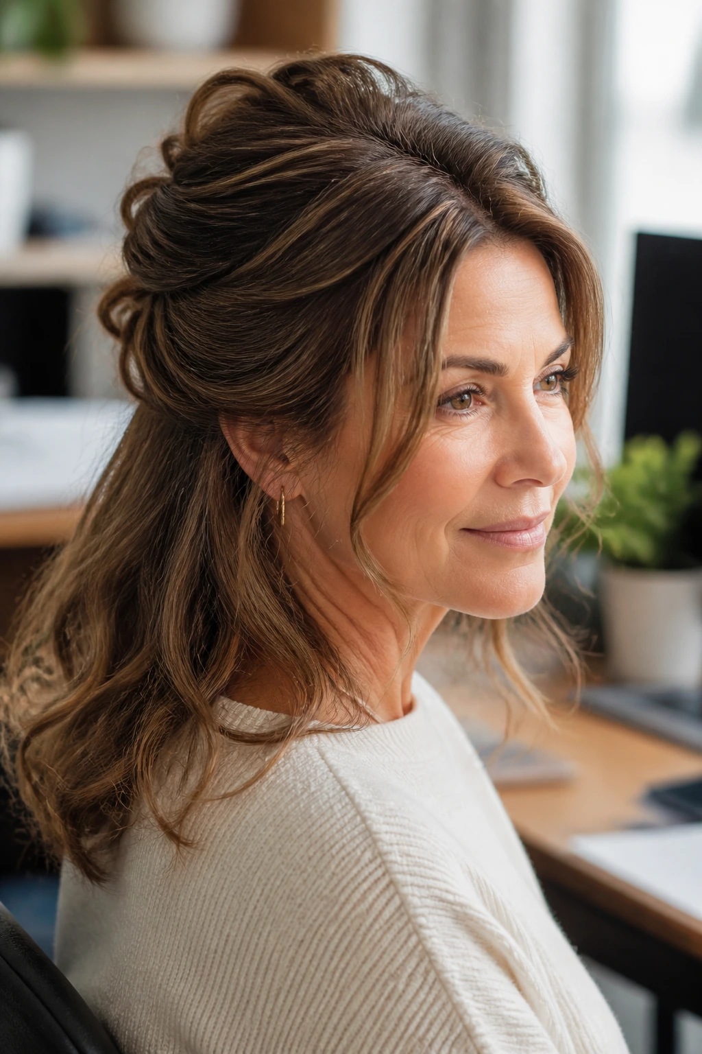 Close-up of real woman with half-up twist and crown volume in a home workspace