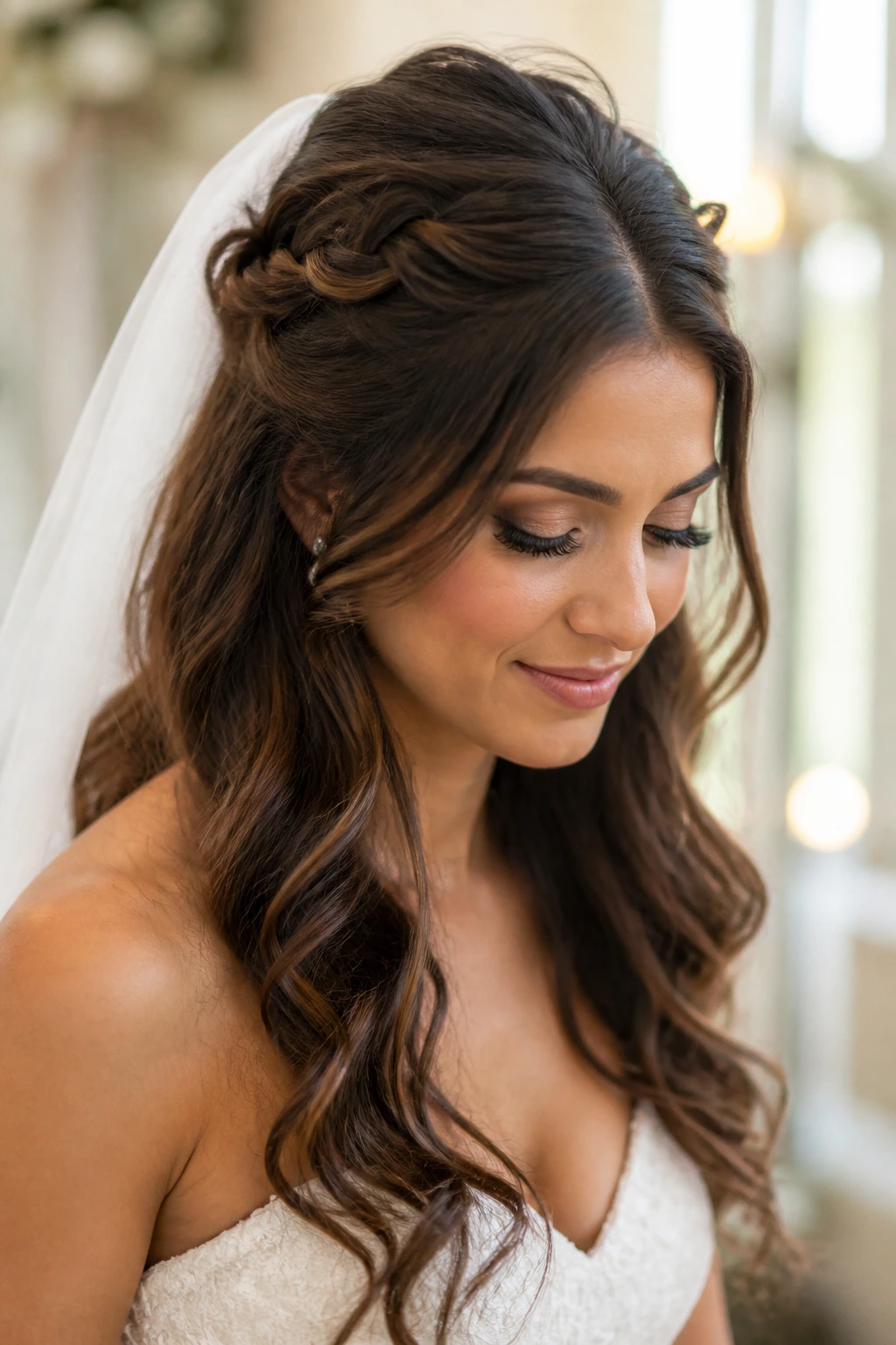 Bride with half-up twist crown and loose waves