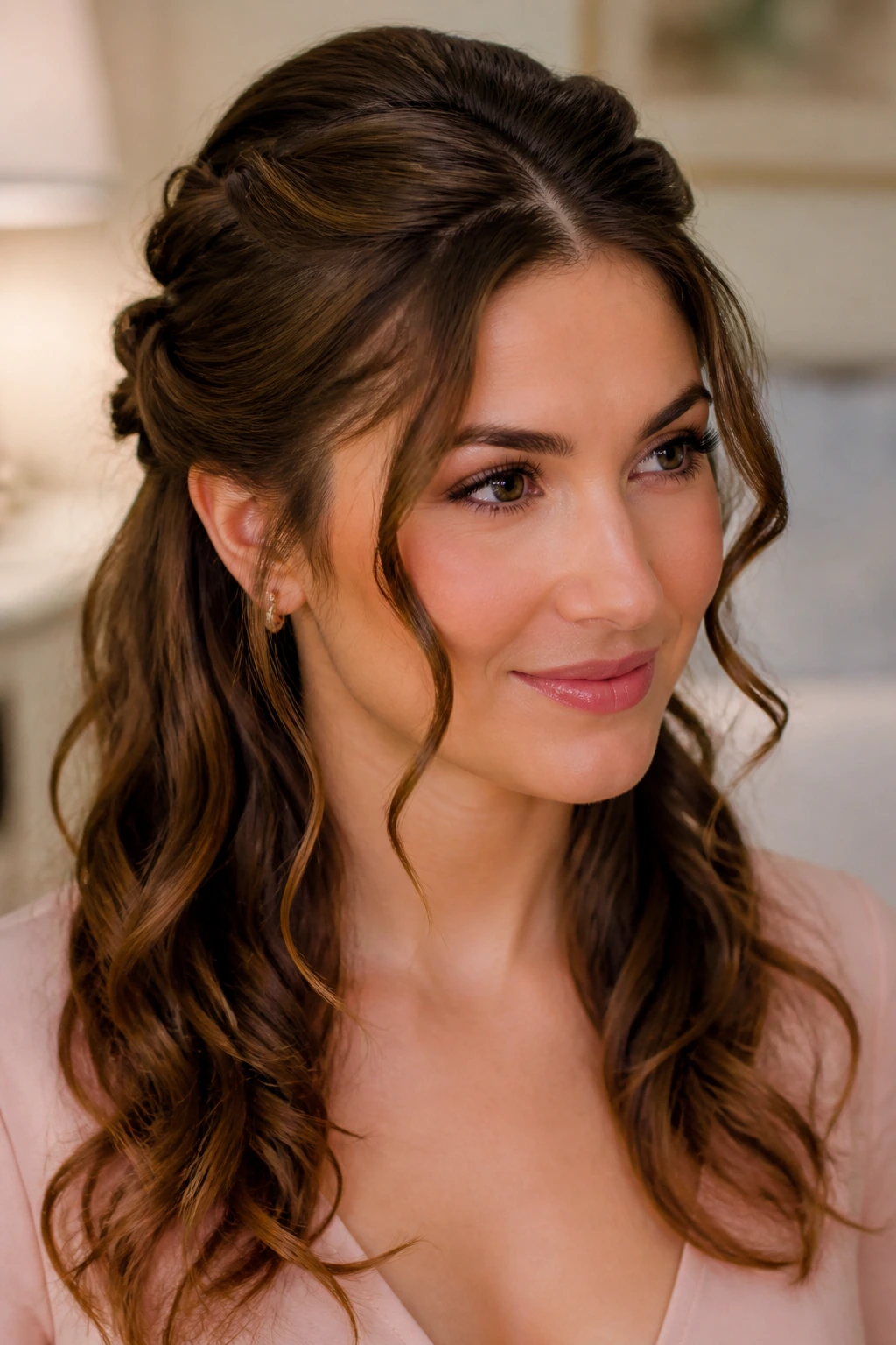 Portrait showing half-up twist with front face-framing curls