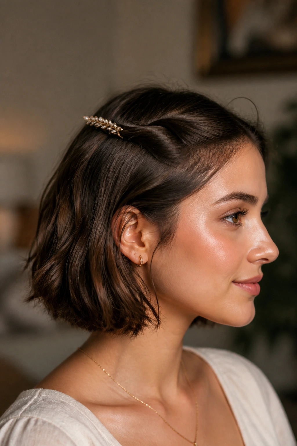 Close-up of real woman with half-up twist and decorative clip in soft room light