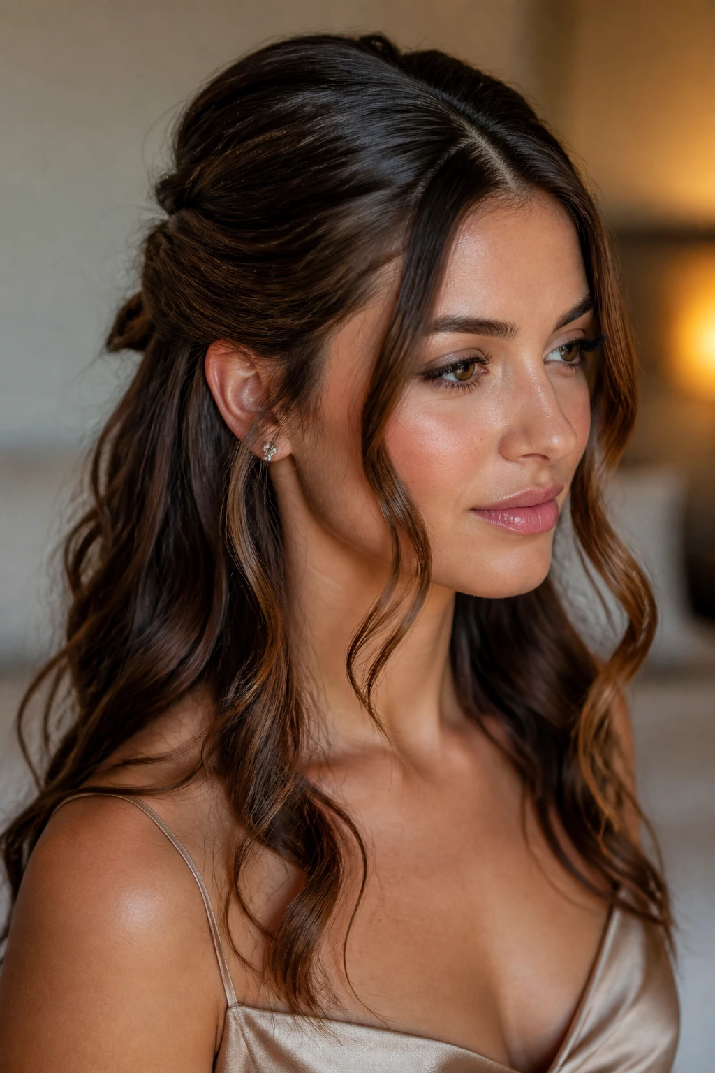 Close-up of a real woman wearing a half-up twist with face-framing pieces