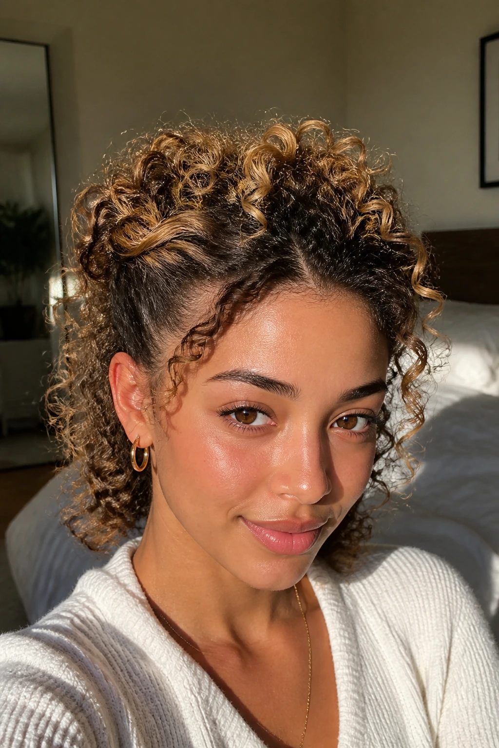 Close-up of a real person with half-up twist faux hawk in a sunlit bedroom