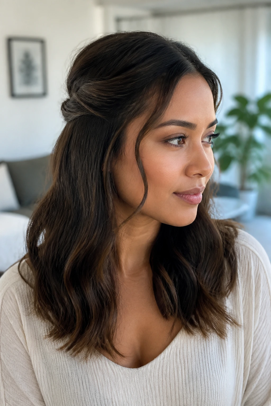 Portrait of a woman wearing a half-up twist with soft ends