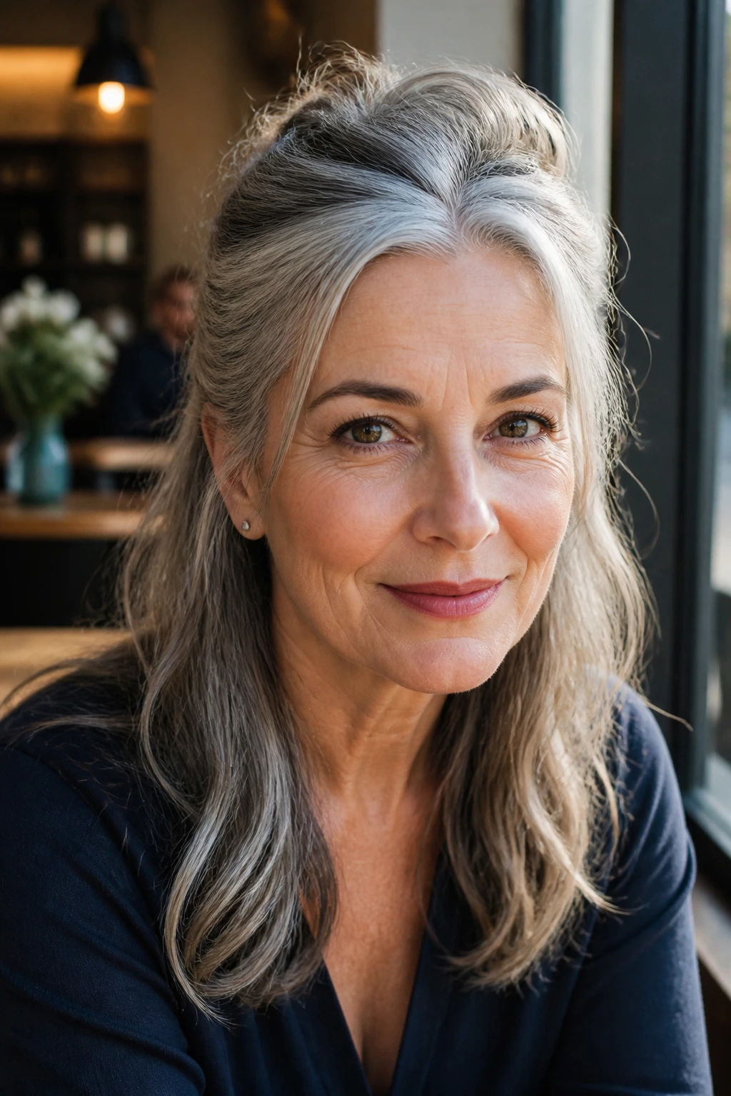 Close-up of a gray-haired woman with a half-up twist hairstyle