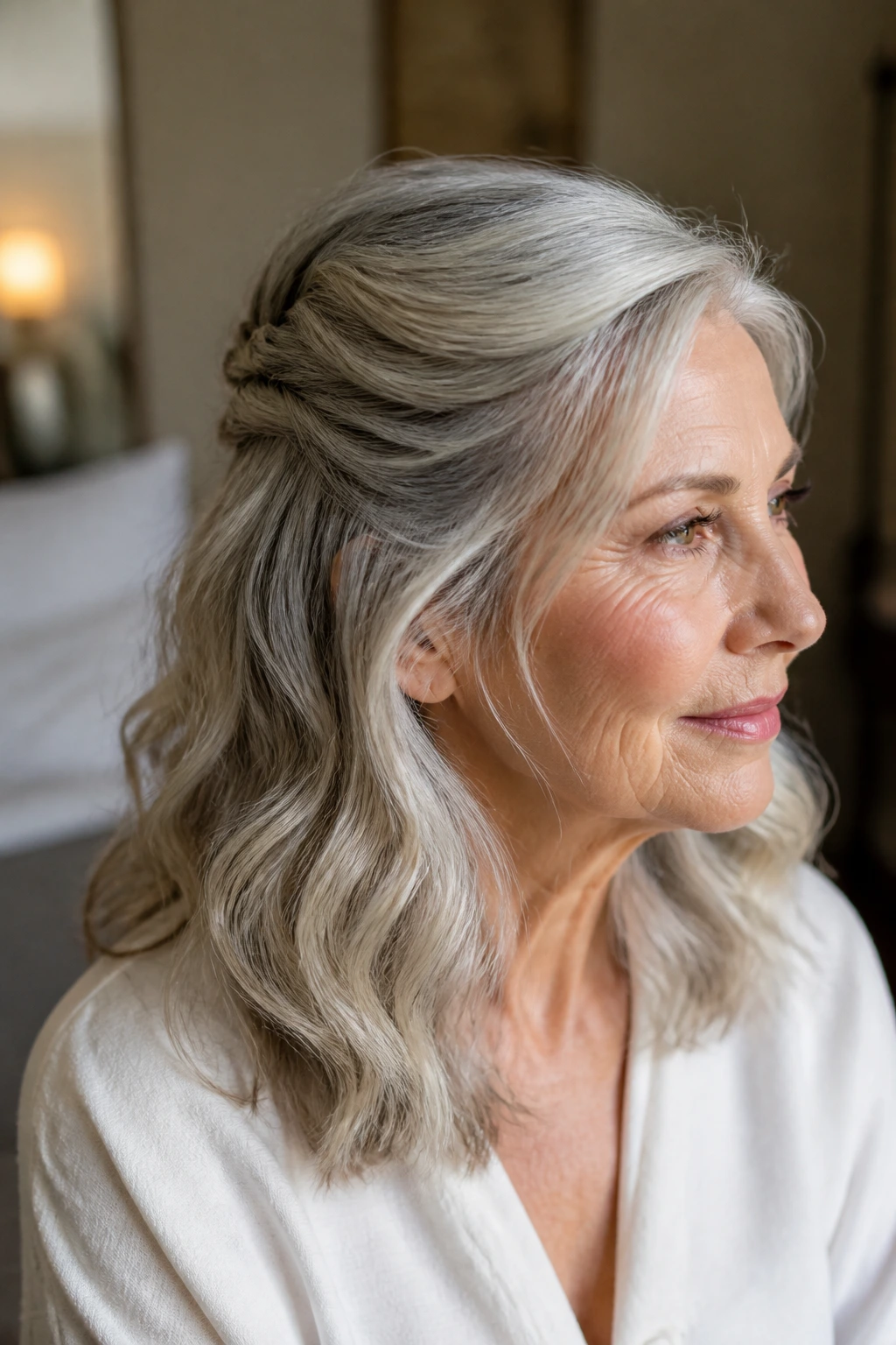 Close-up of a real woman with a half-up twist in gray hair