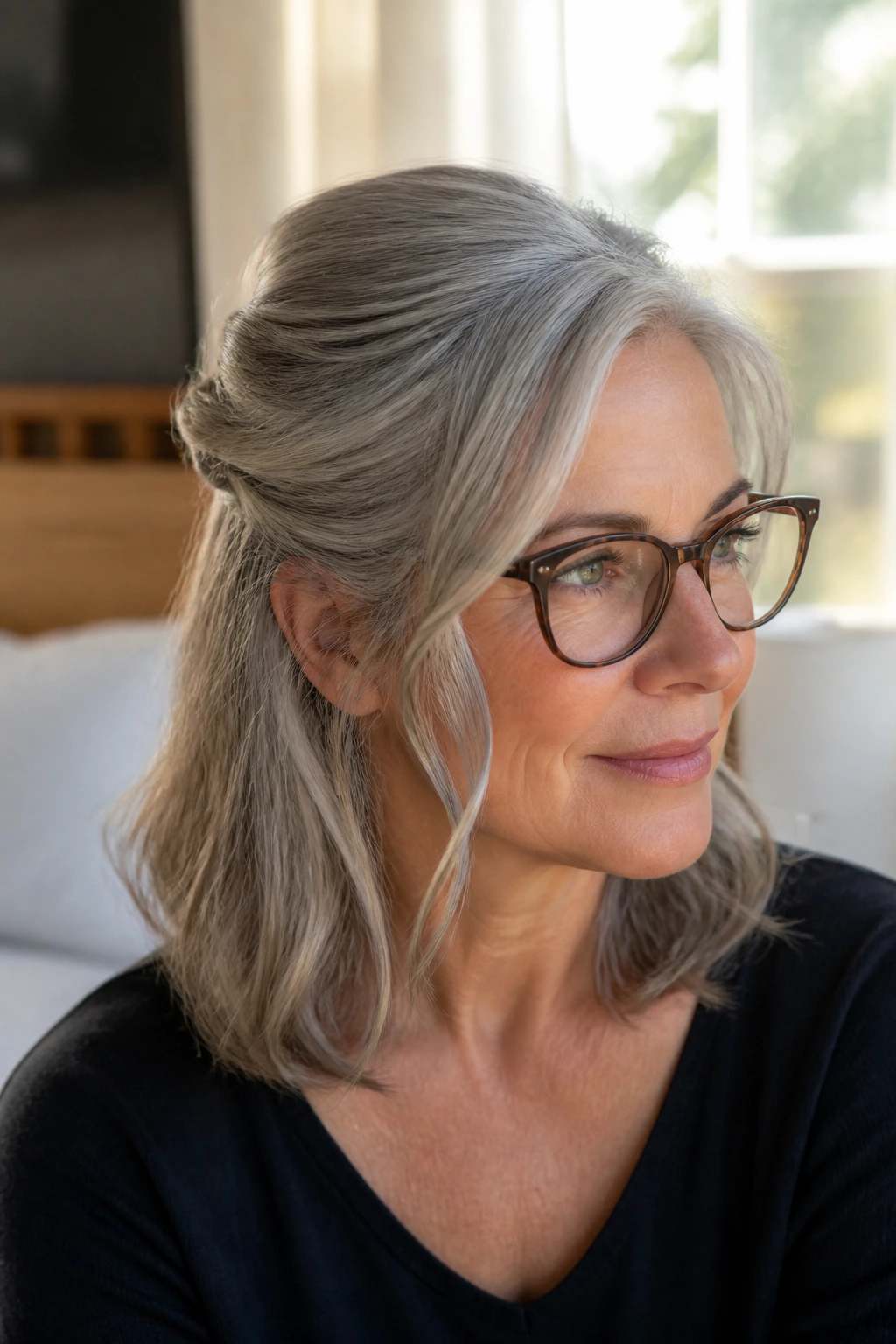 Close-up of a gray-haired woman wearing glasses with a half-up twist and face-framing pieces.