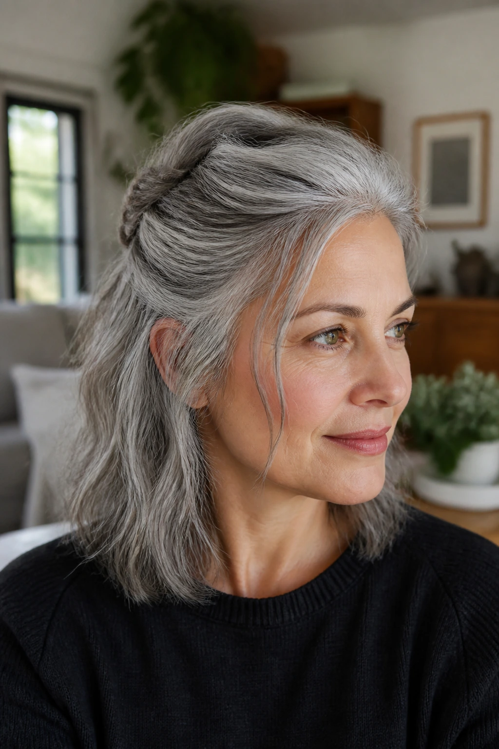Real woman with half-up twist on medium gray hair