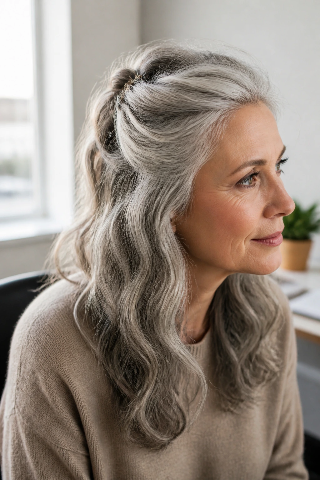 Close-up of an older woman with gray waves and half-up twist secured with pins