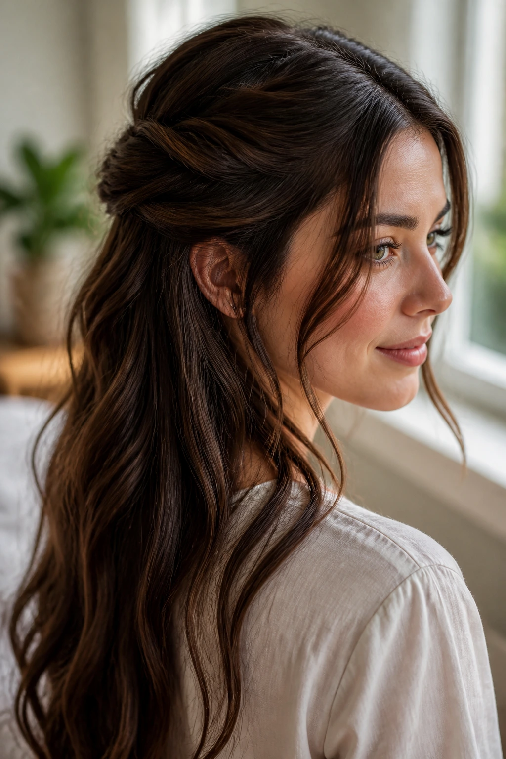 Real woman with half-up twist and loose front strands.