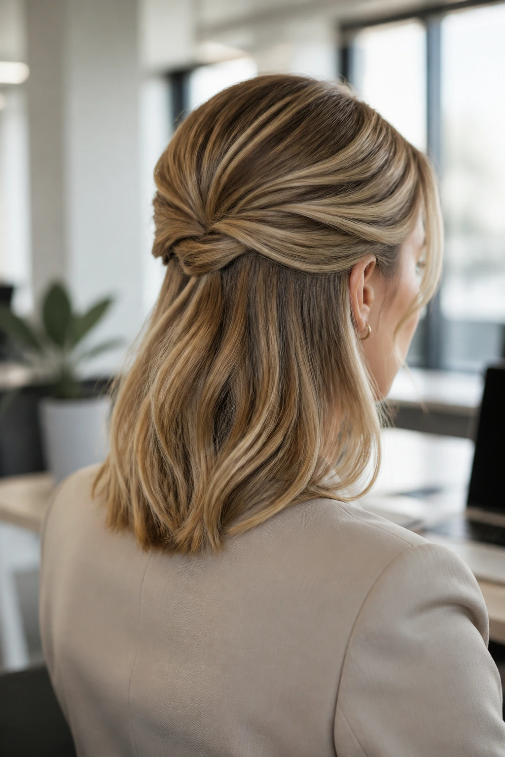 Three-quarter back view of a woman with a half-up twist and hidden pins.