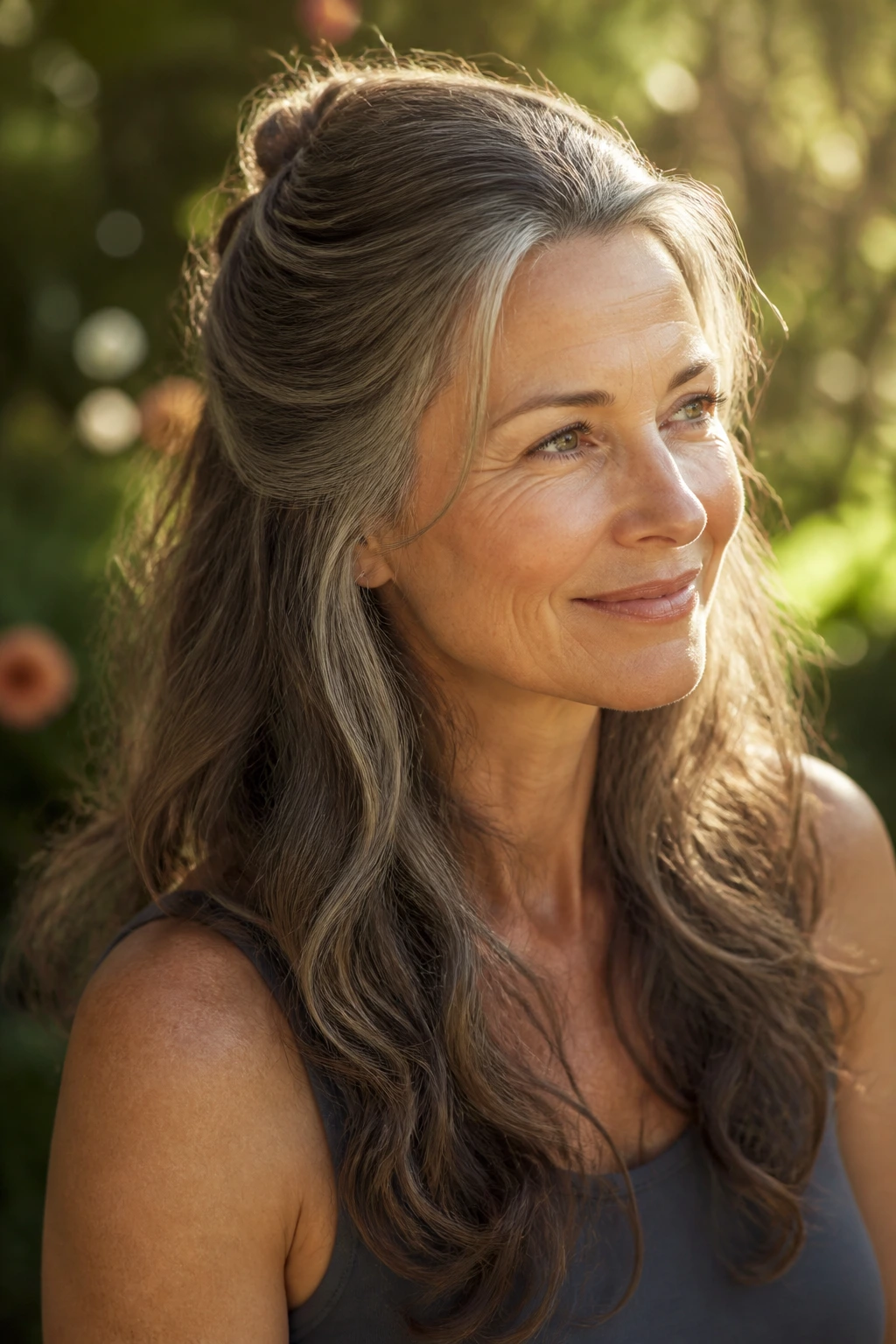 Close-up of a real woman with half-up twist and loose length