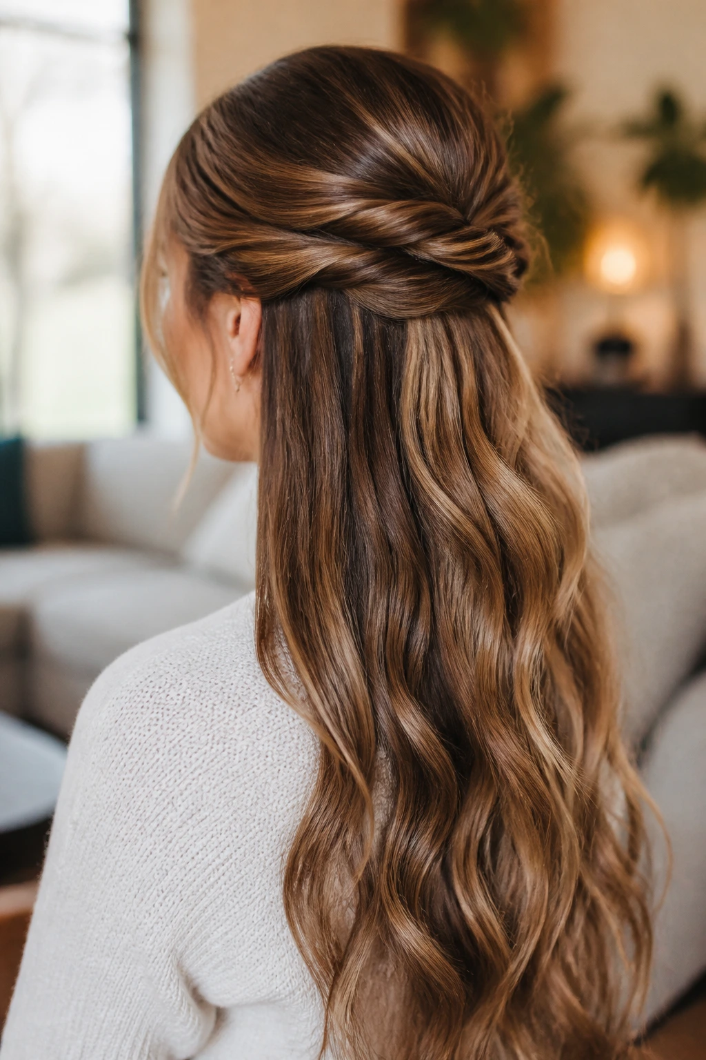 Portrait of a woman with a half-up twist and visible length.