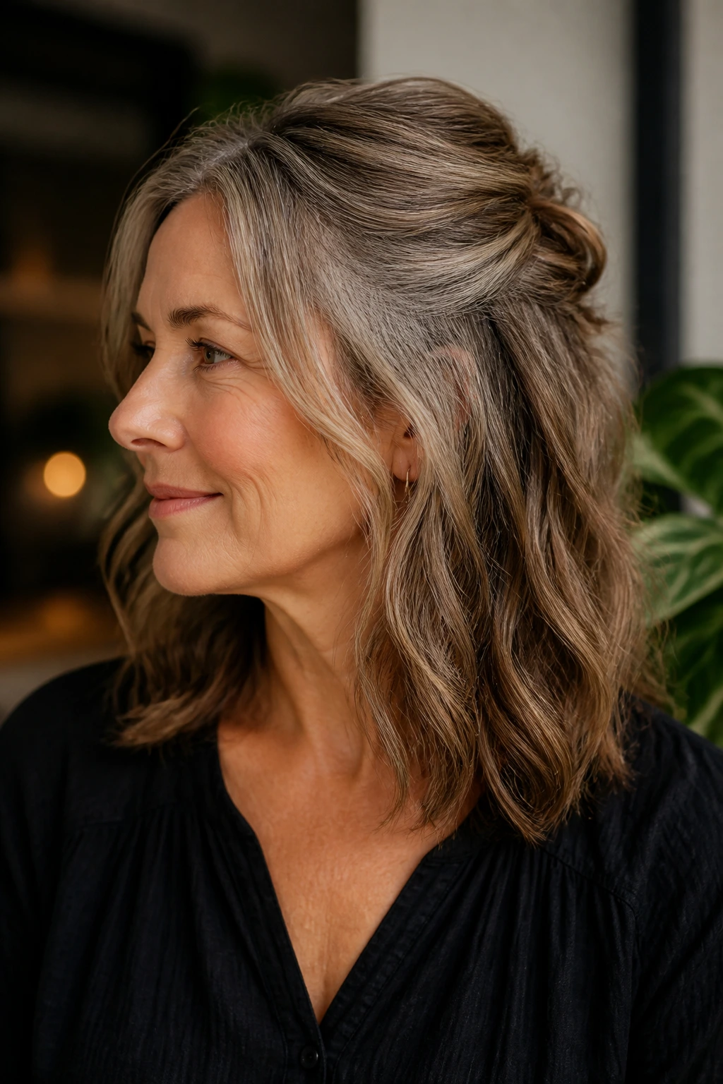 Real woman with half-up twist and loose waves