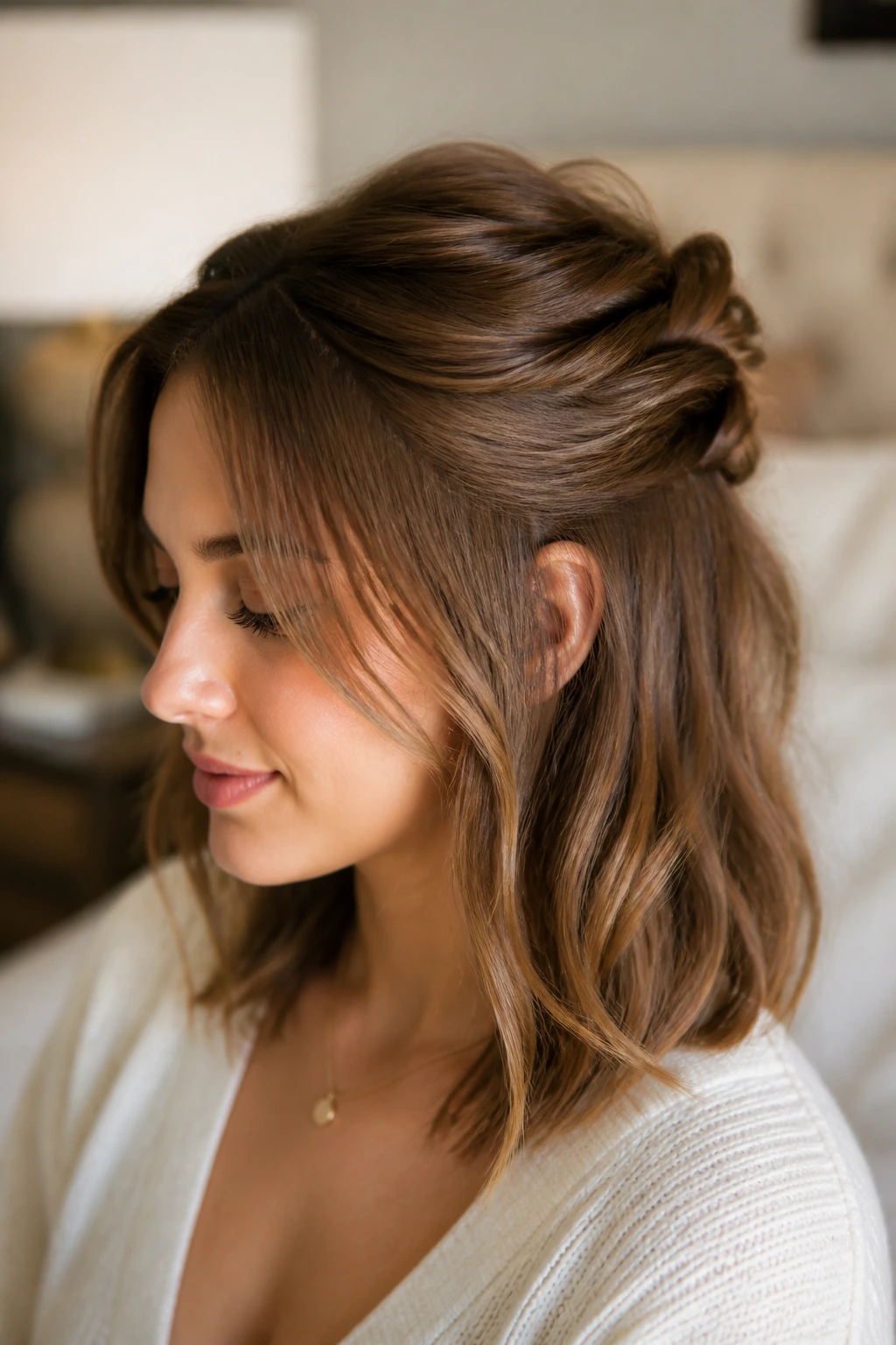 Portrait of a woman with a half-up twist and loose ends.