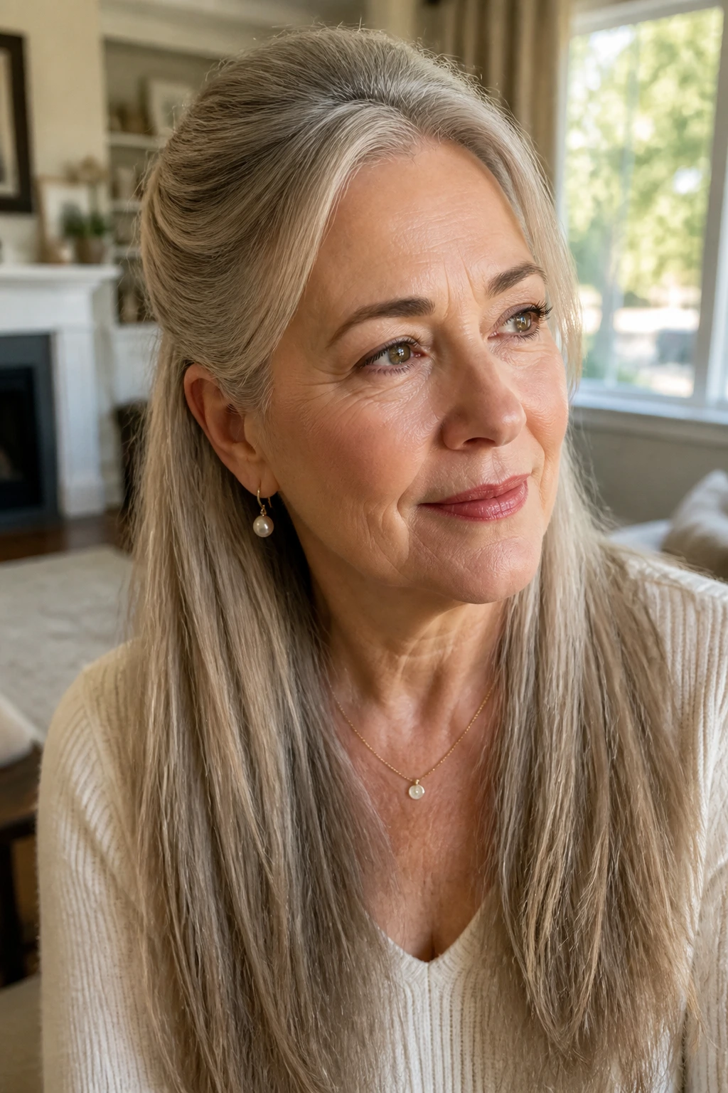 Close-up of a real woman with a half-up twist and loose length in long straight hair.