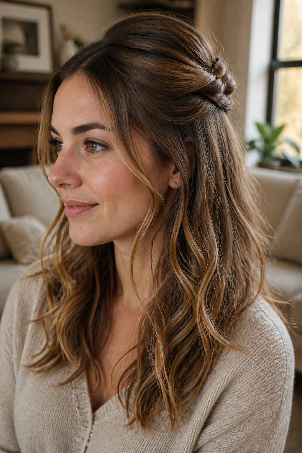 Close-up of a real woman with a half-up twist and loose waves
