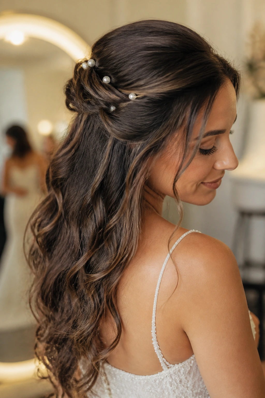 Bride with half-up twist and pearl pins
