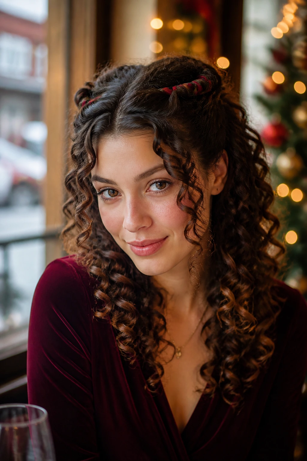 Real woman with ribbon-woven half-up twist, ribbon visible among curls by Christmas window light.