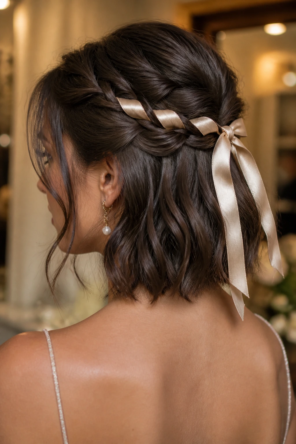 Close-up of a real woman with a ribbon-woven half-up twist hairstyle