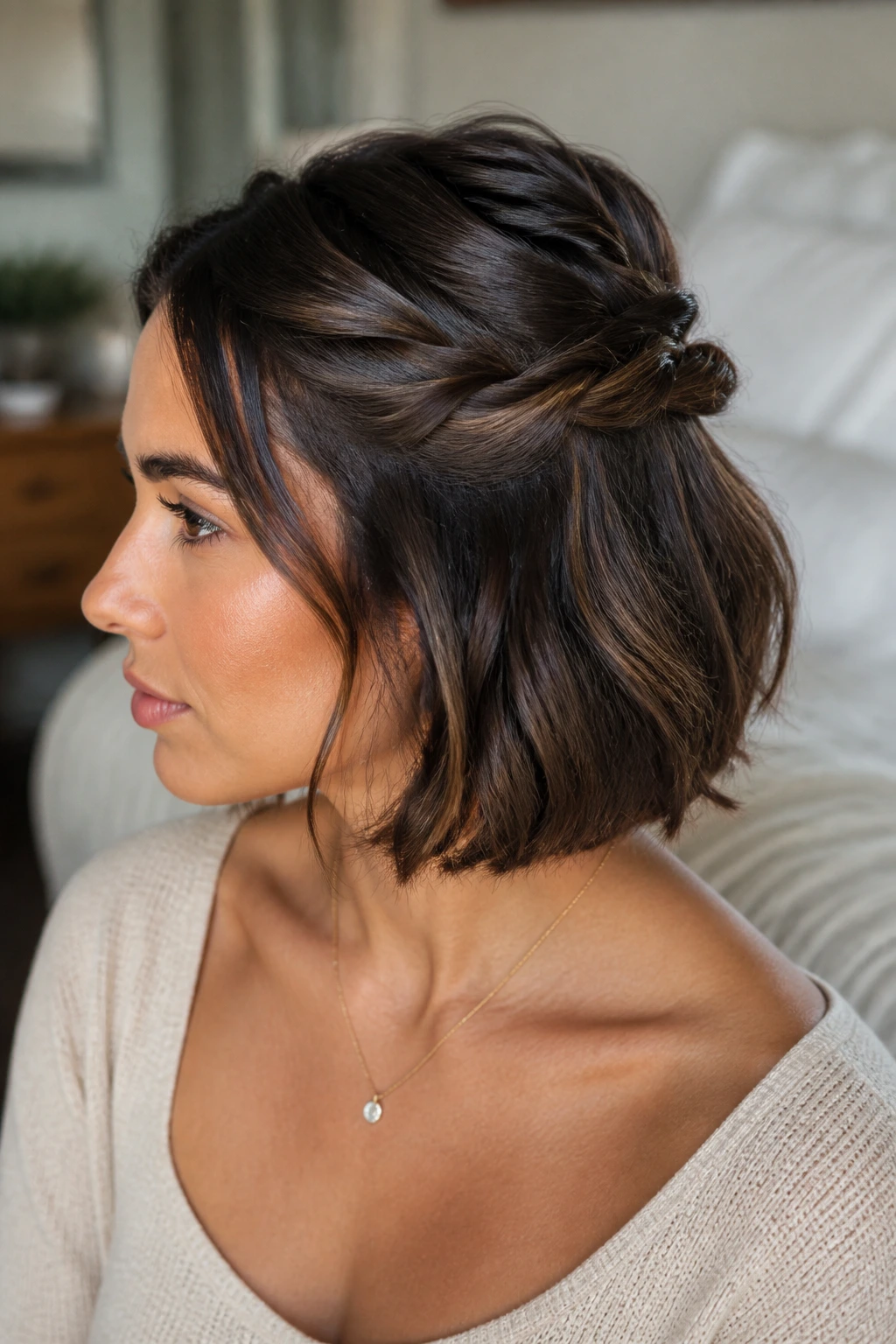 Close-up of a real woman with a half-up twist back, twists pinned in an X at the temples