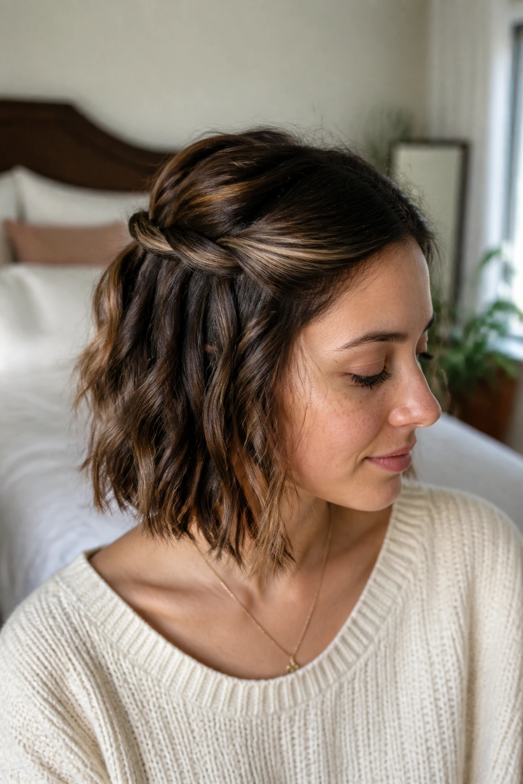 Real woman with half up mini twist on short wavy hair