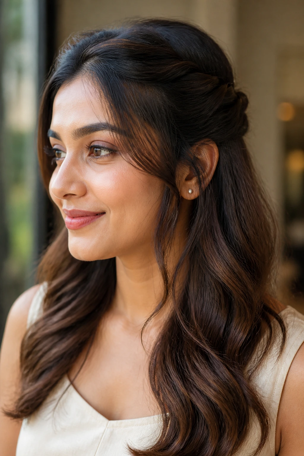 Portrait of a woman with a half-up twist and soft waves.