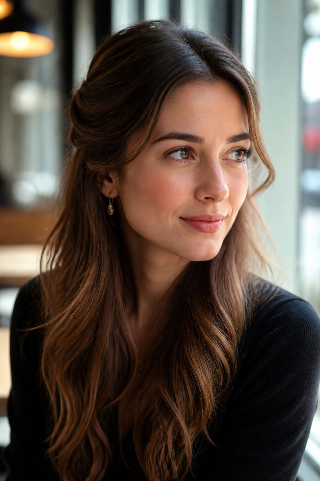 Close-up of a real woman wearing a half-up twist at the temples, soft lengths down, sunlit cafe.