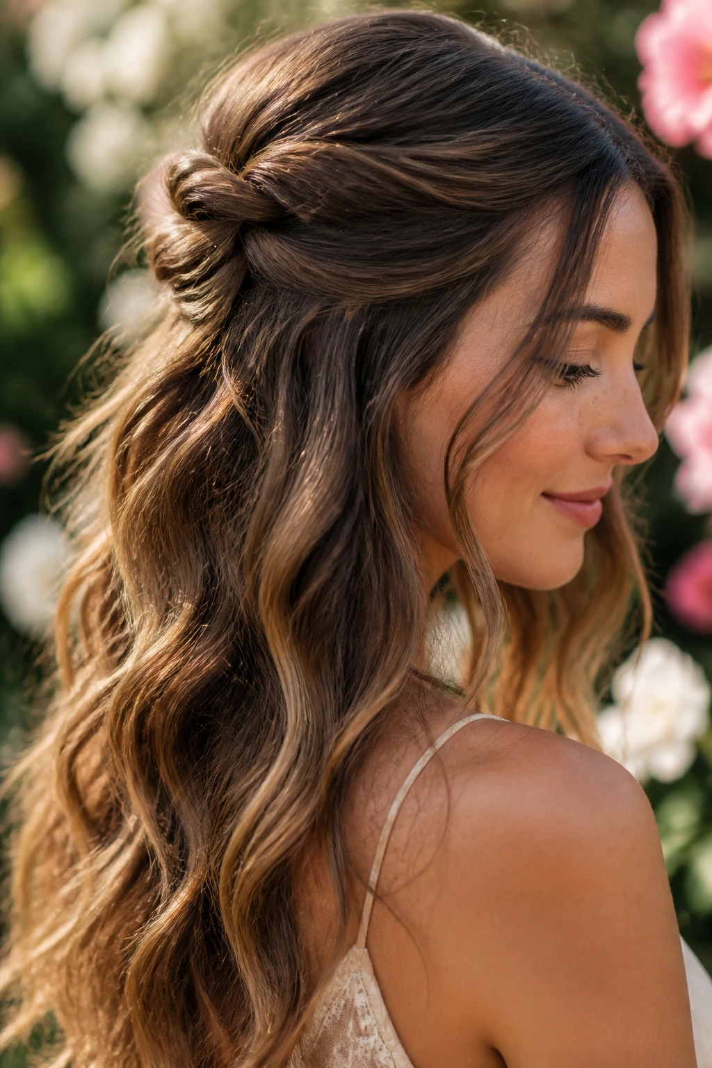Close-up of a real person with half-up twist waves in bright garden light
