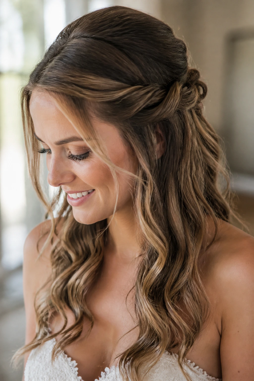 Bride with half-up twist and loose waves