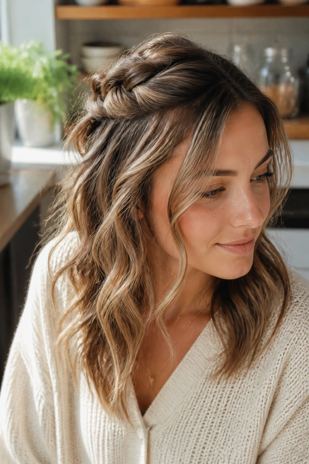 Half-up twist with tousled waves on real person
